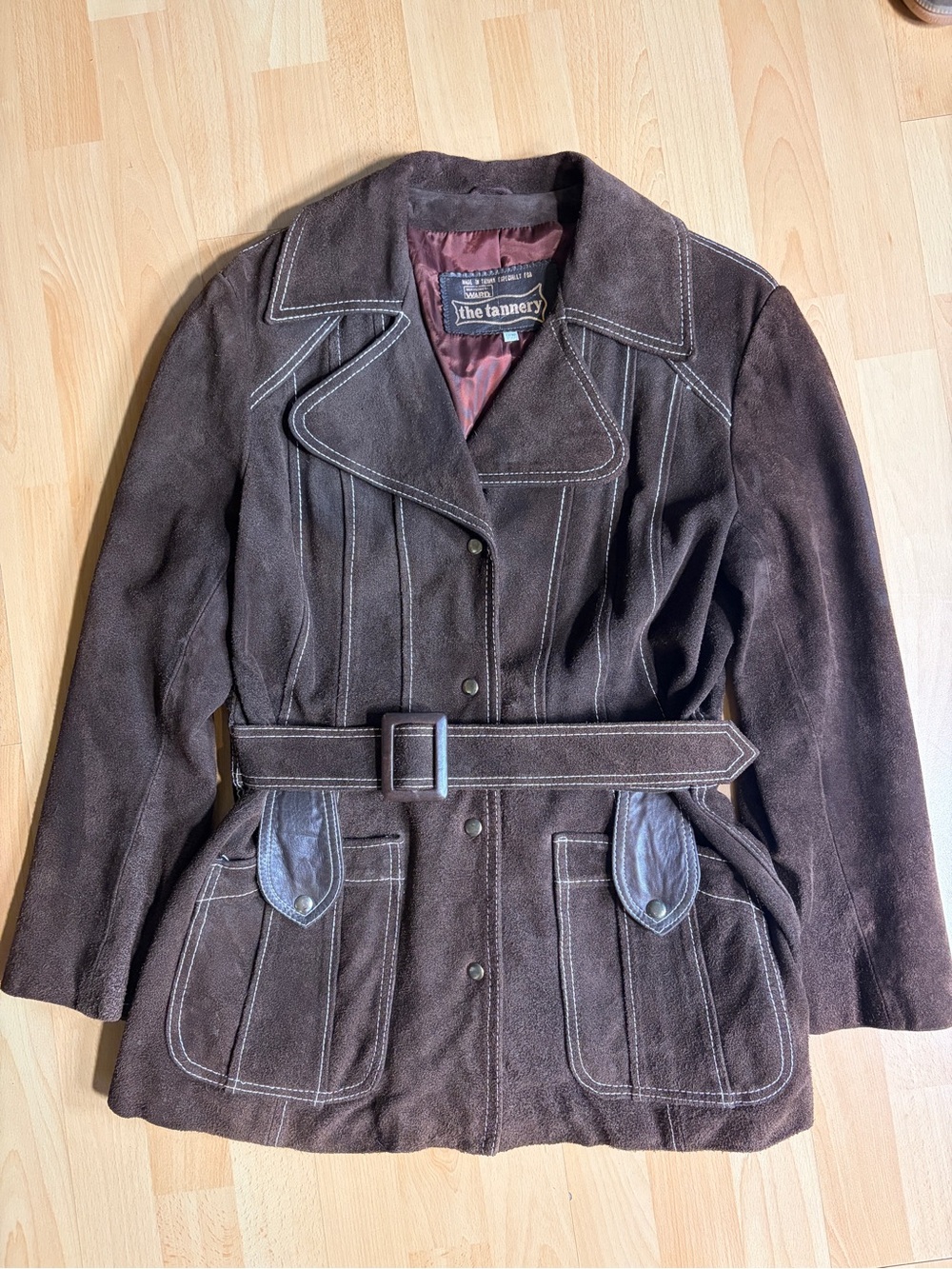 The Tannery Vintage Chocolate Brown Suede Leather Belted Jacket